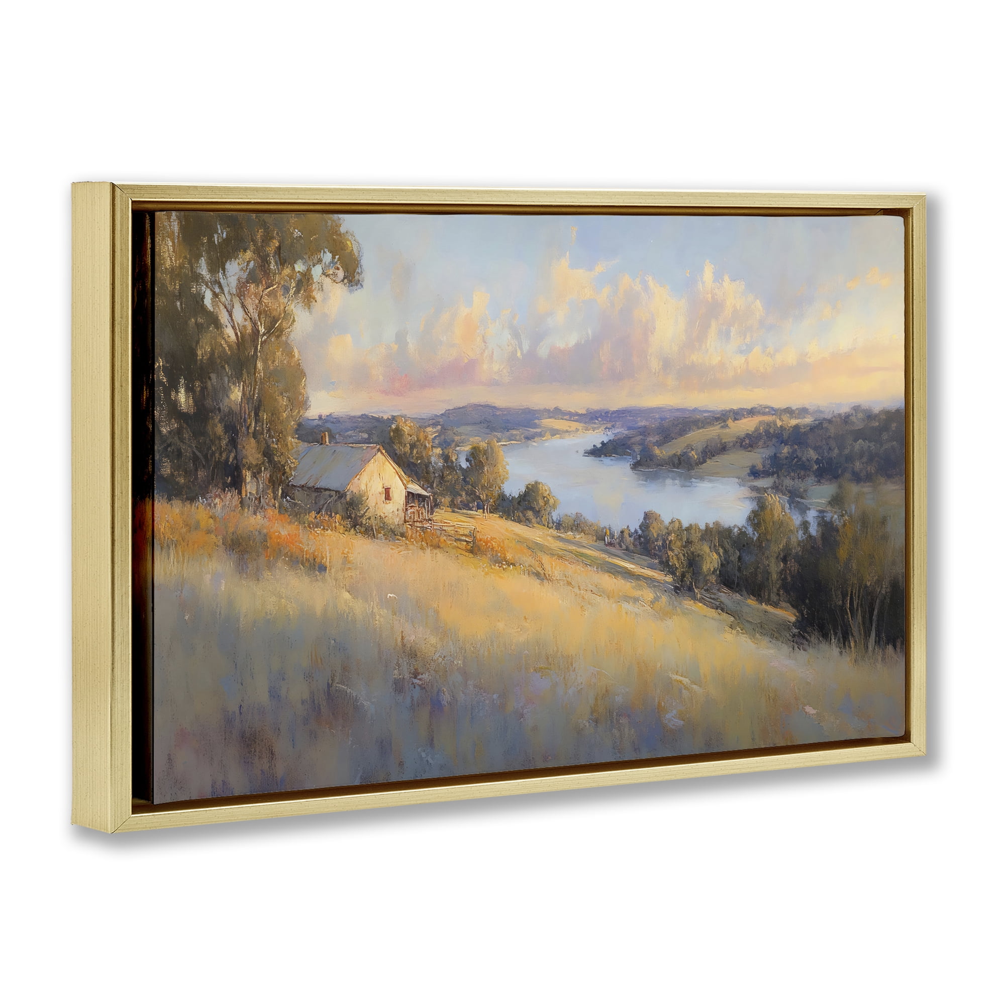 Stupell Industries Hilltop Cottage in Sunset Glow Gold Framed Floater Canvas Wall Art, design by Creative Studio