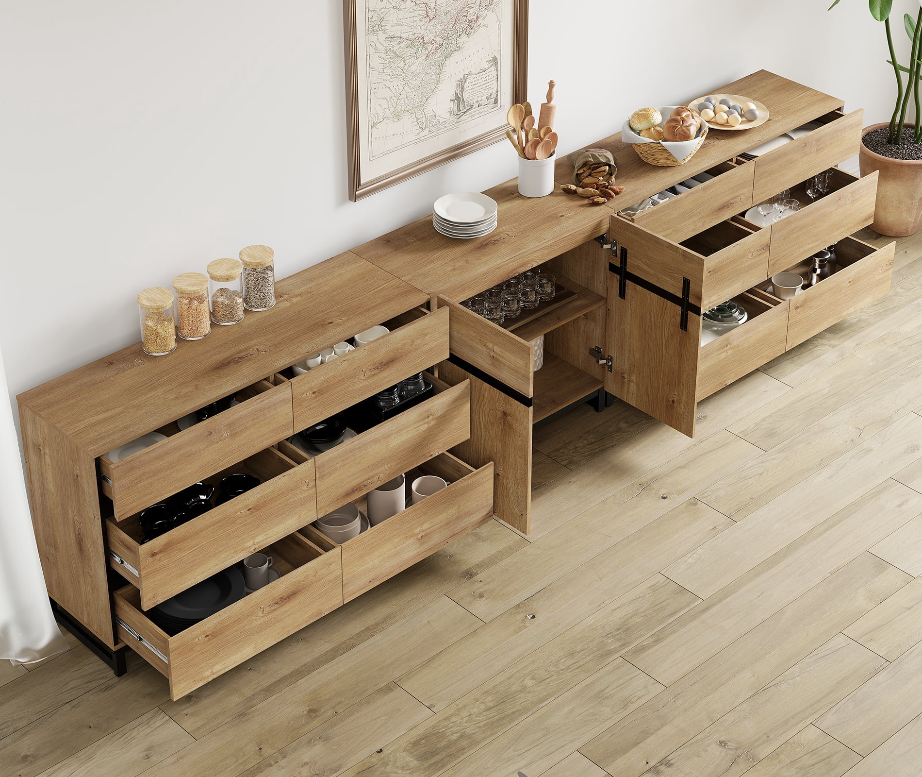 Modern 12 Drawers Storage Dresser with Adjustable Shelf and Metal Base, 3 In 1 Household Chest of Drawers, Closet Organizer Cabinet for Bedroom,Oak