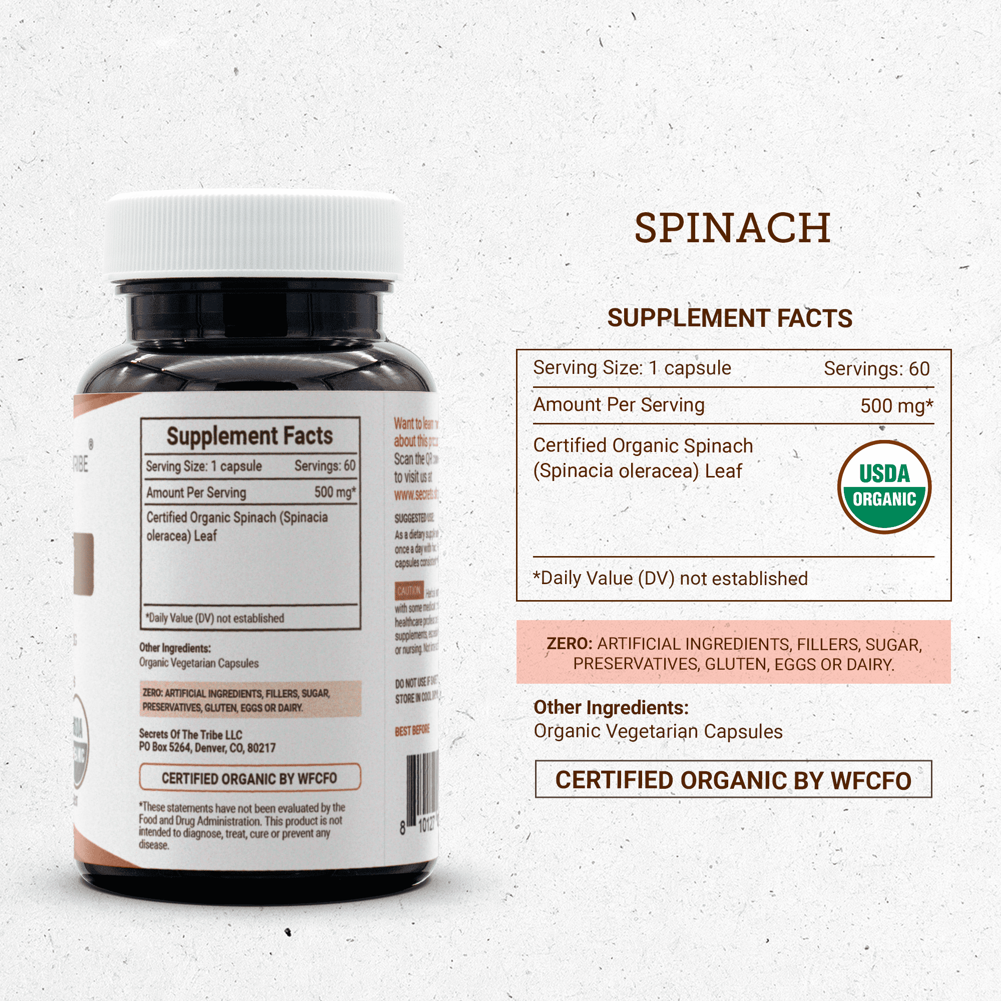 Secrets Of The Tribe Spinach Organic Capsules Dietary Supplement, Natural Herbal Capsules for Nutritional Support, Certified Organic Spinach (Spinacia oleracea) Dried Leaf, 60 Capsules