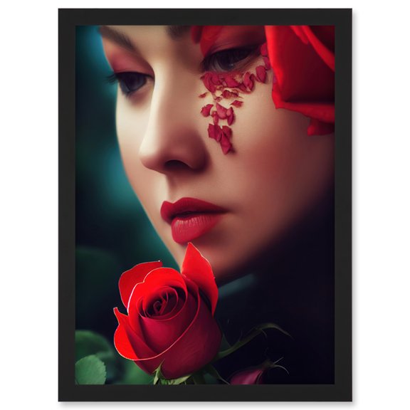 Portrait Of Melancholic Woman With Red Roses Painting Artwork Framed Wall Art Print A4