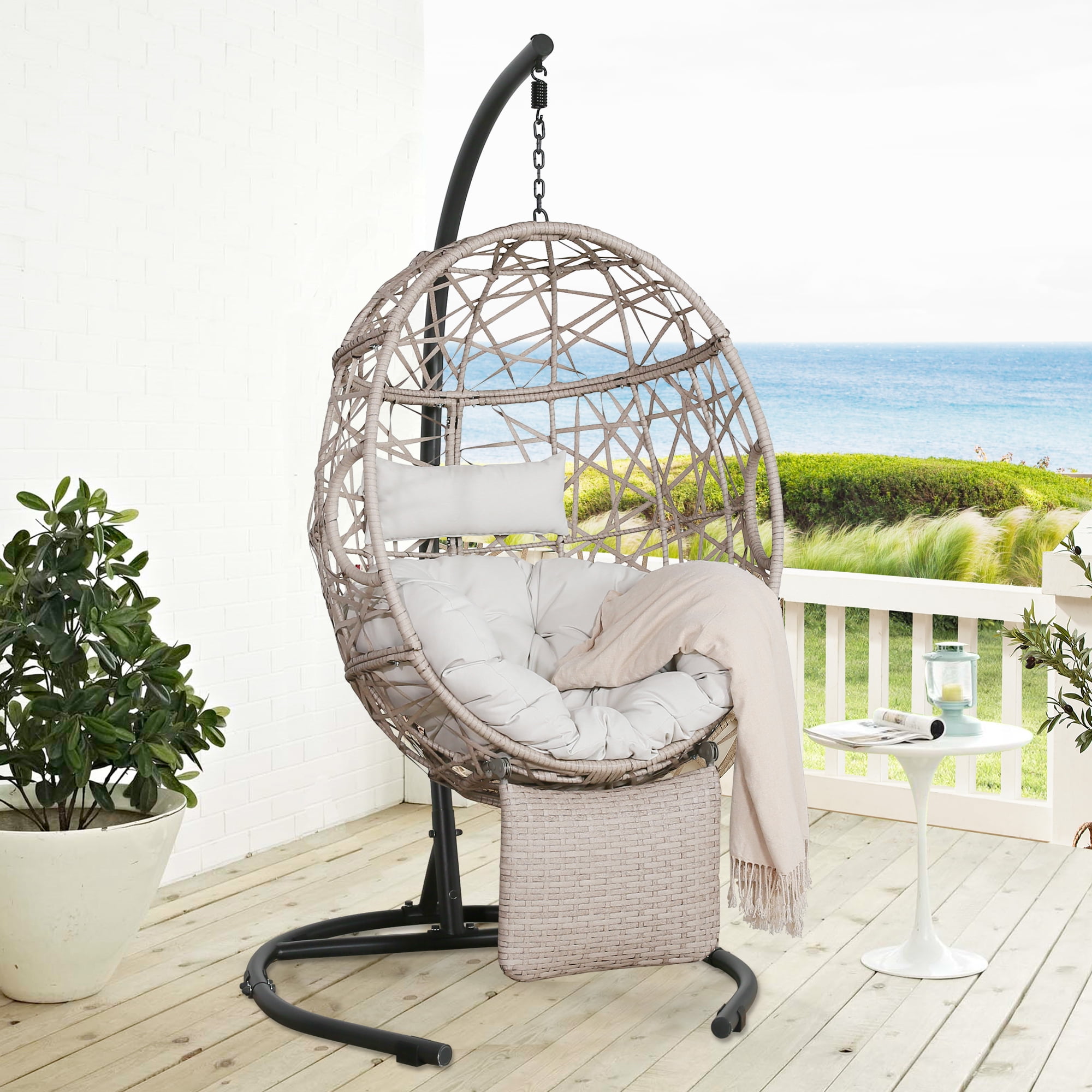 Ulax Outdoor Indoor Rattan Egg Swing Chair with Stand and Extendable Beige - Walmart.com
