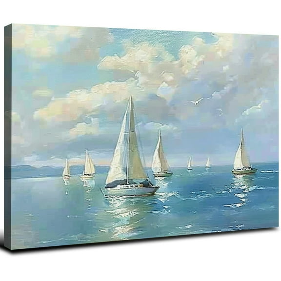 JRXY Nautical Sailboat Bathroom Decor Wall Art Coastal Beach Pictures Wall Decor Ocean Canvas Prints Painting Boat Decorations Framed Artwork for Bathroom Living Room Bedroom 20x16inch