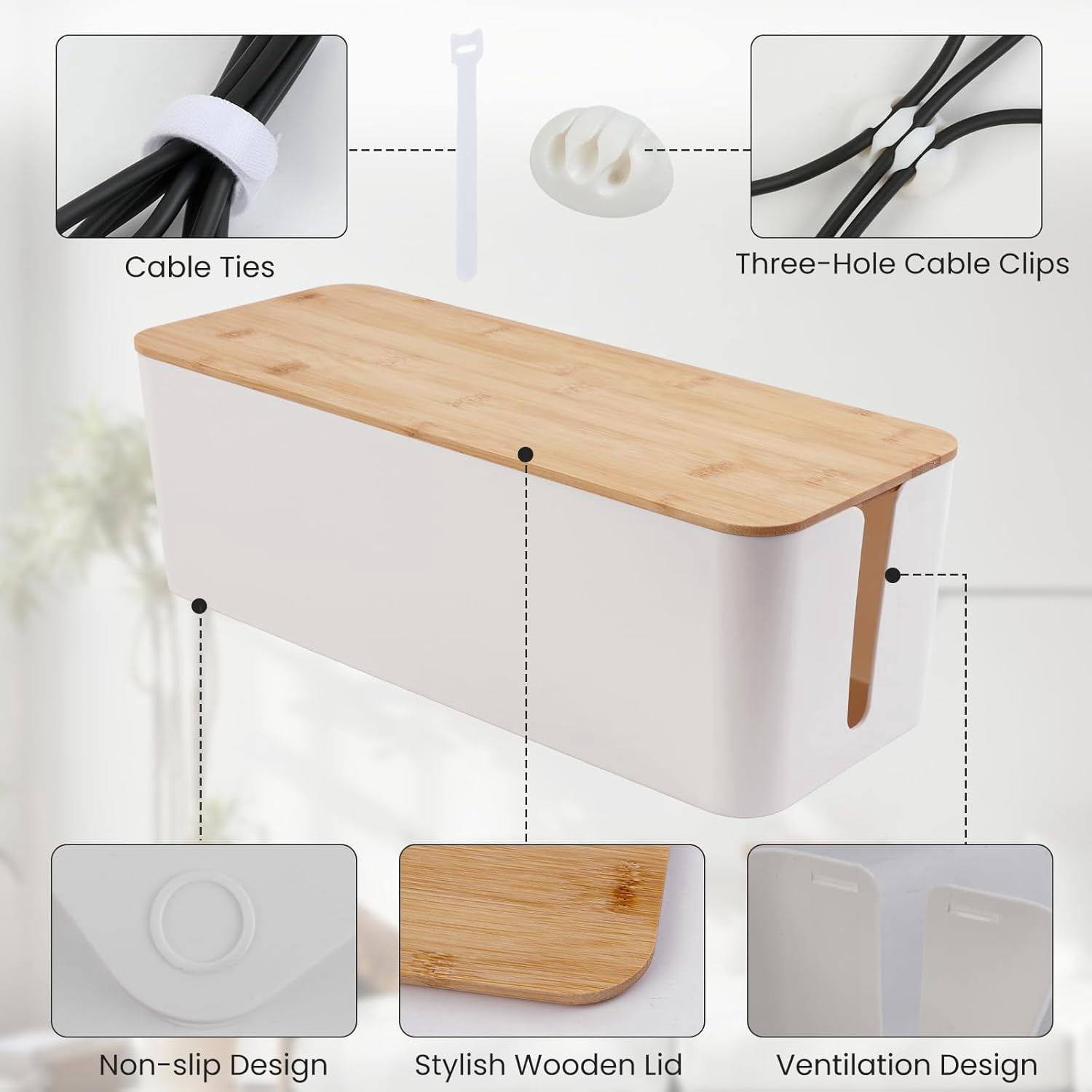 2 Pack Cable Management Box - Cord Organizer Box with Wooden Lid for TV Wires, s, Router, USB Hub & Under Desk Power: Baby & Pet Proof Cord Management, Cord Hider for Home & Office (White)