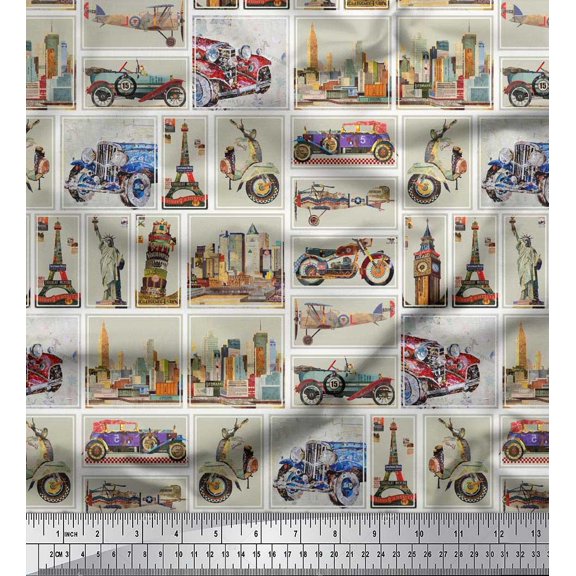 Soimoi Silk Fabric Vehicles & Monuments Patchwork Print Sewing Fabric Yard 42 Inch Wide