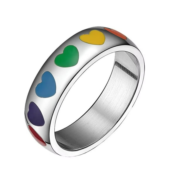 PAMTIER 6MM Unisex Gay Lesbian Pride Stainless Steel Fashion Classic Enamel Heart LGBT Rainbow Ring Eternity Promise Wedding Band Silver Size 5