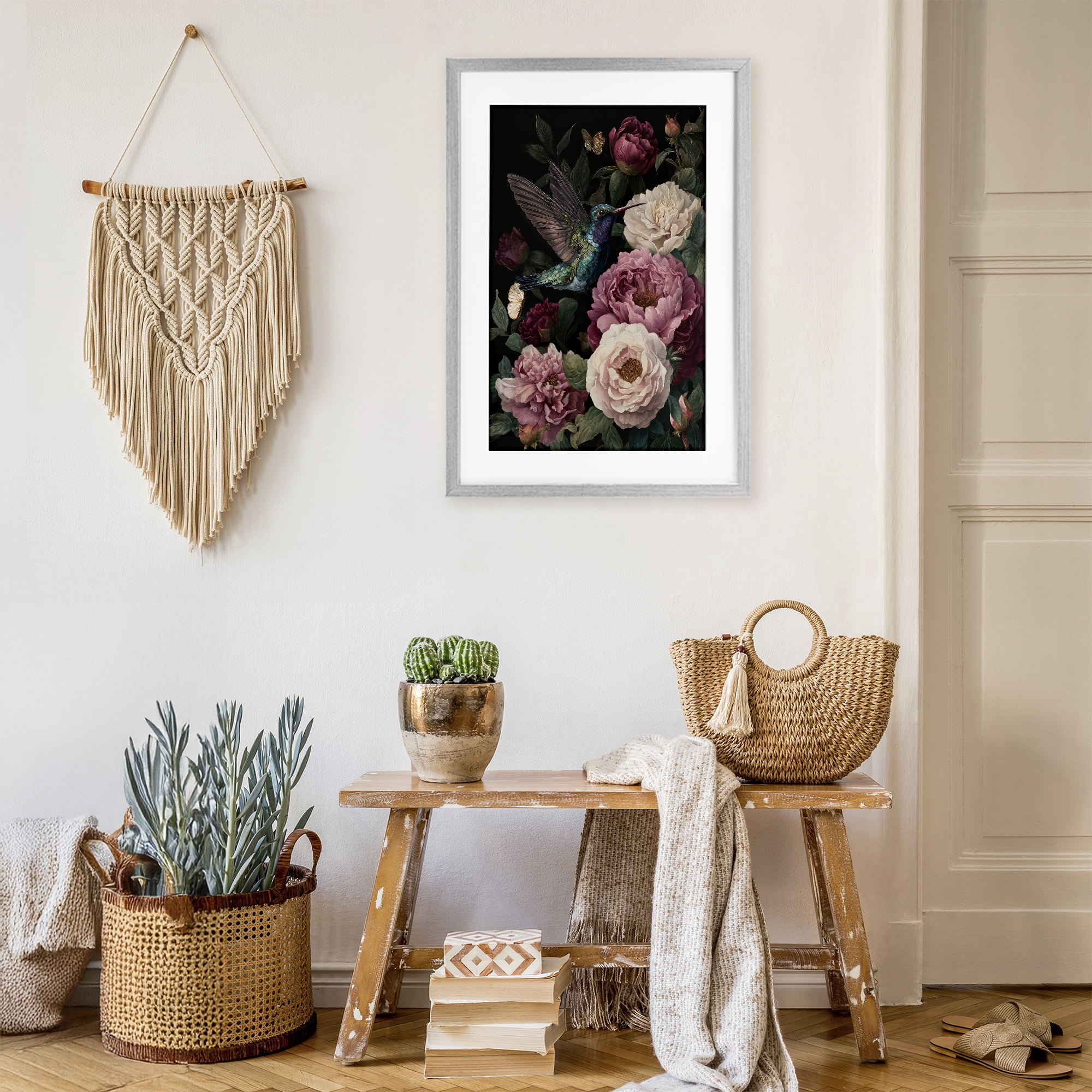 Stupell Industries Hummingbird & Lush Peonies Gray Framed Print Under Glass, design by The Wands Want