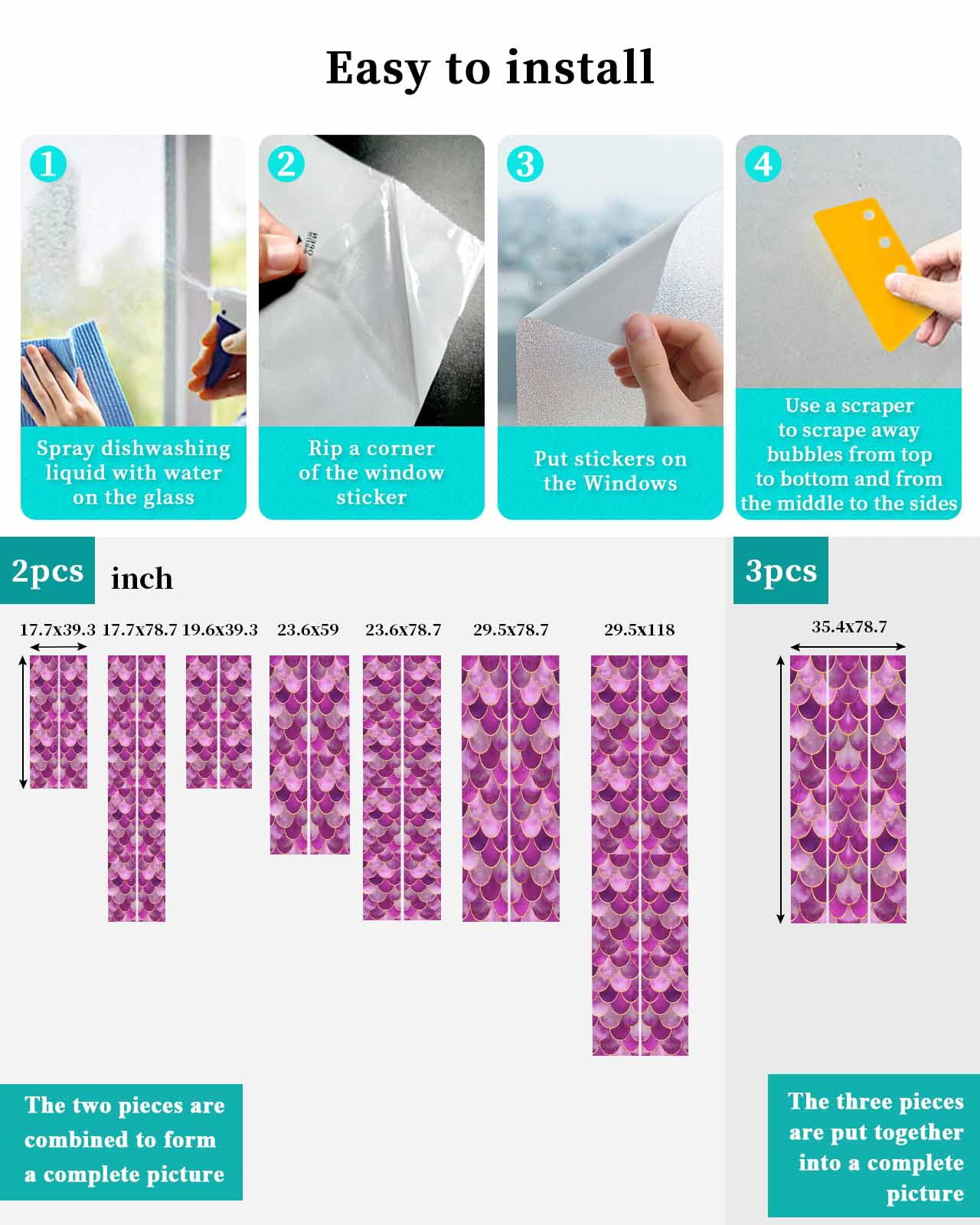 Window Privacy Film Purple Ombre Scale Stained Glass Window Film Decorative Sun Block Window Cover Abstract Art Ocean Coastal Window Clings Static Adhesive Sticker for Bathroom 29.5"x78.7"