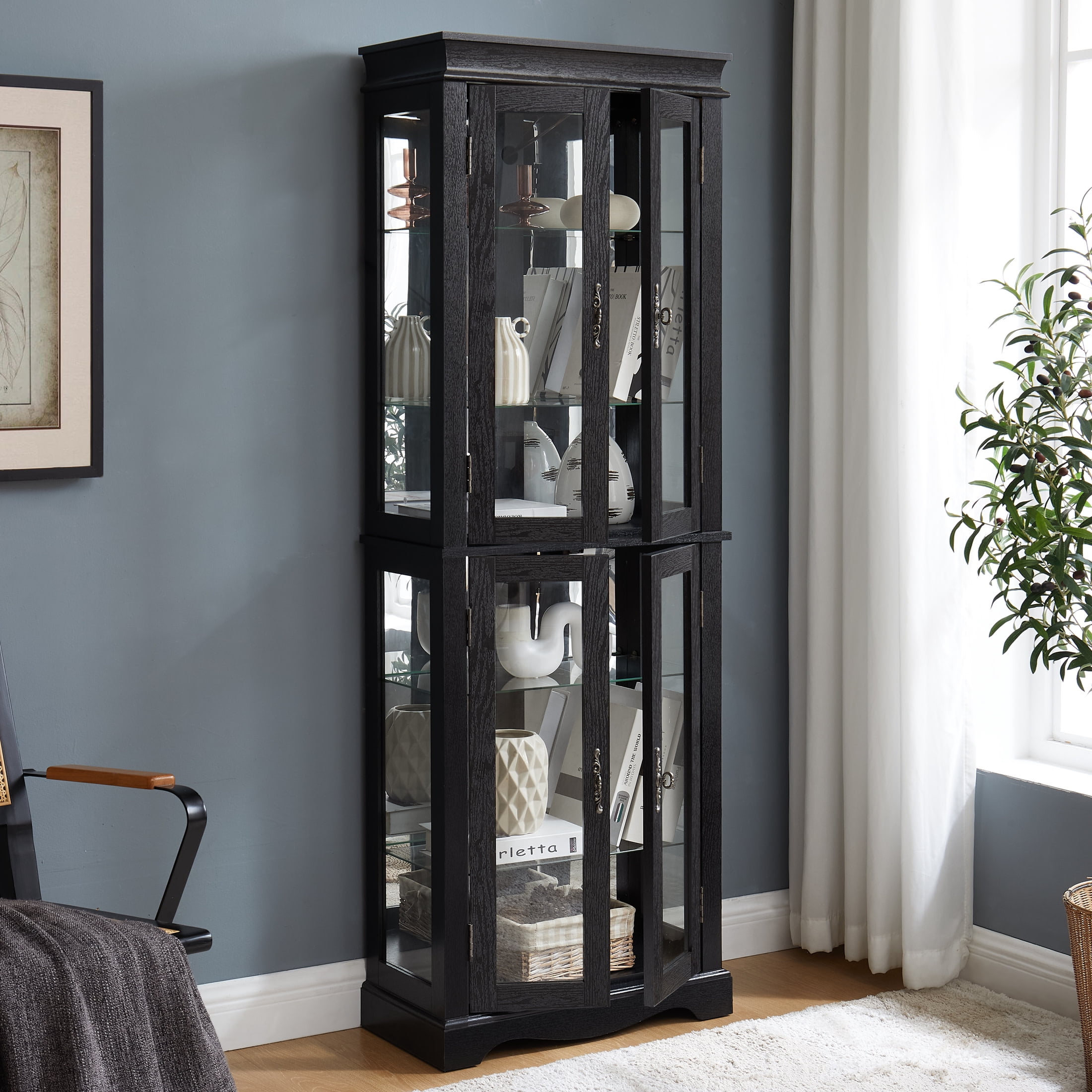 Noble House Wrenhill 70" Lighted Glass Curio Display Cabinet, 6-Tier Adjustable Shelves Wood Frame, Kitchen, Black
