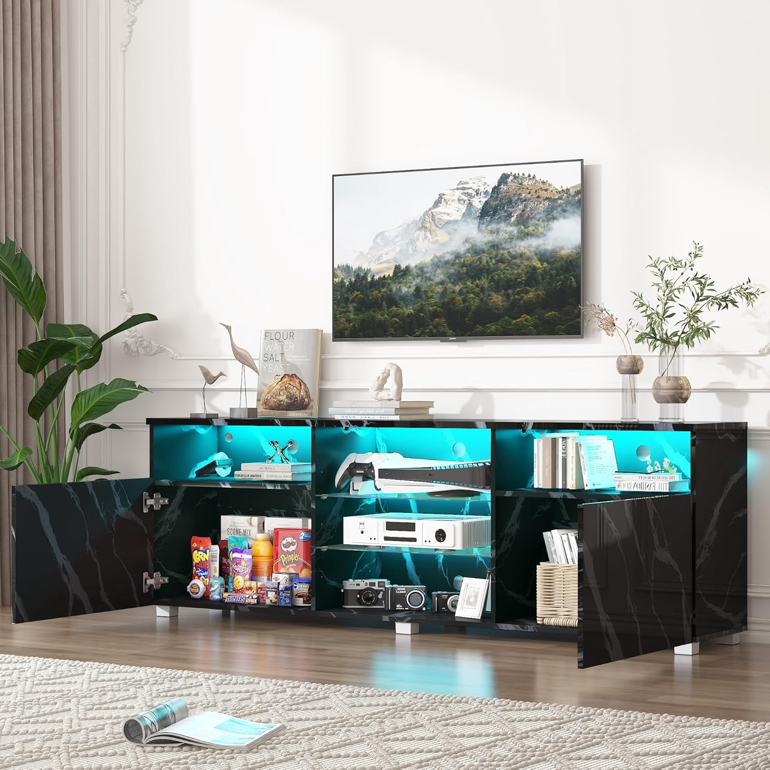 ChVans LED TV Stand for up to 80" TVs, 70" Large Entertainment Center Console Table Gaming Soundbar Shelf with 2 Storage Cabinets