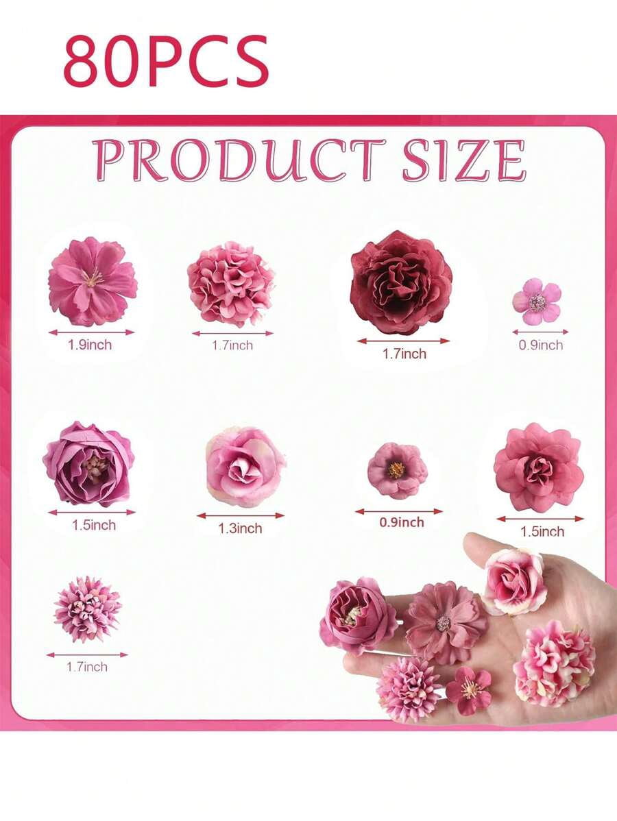 80pcs Pink Mini Artificial Flower Heads, Silk Artificial Plum Blossom Heads, Fake Peony Rose Daisy Flower Heads, For DIY Wreath,Cake,Wedding,Party,Graduation, Hat, Shoes,Vase Decor, Autumn Decoration