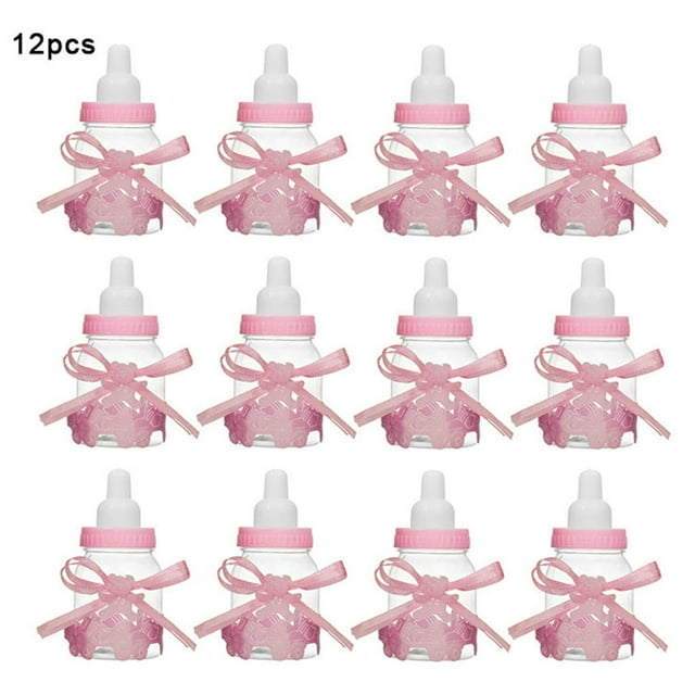 Toystoory 12 Uds caja de regalo de plástico para bebé niña niño Baby Shower Candy Dragee caja de bautismo botella de alimentación de bebé Almacenamiento y organización del hogar Rosado