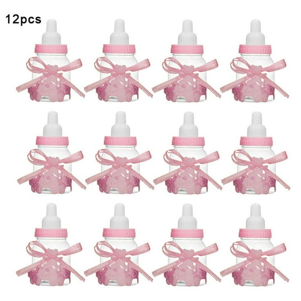 Toystoory 12 Uds caja de regalo de plástico para bebé niña niño Baby Shower Candy Dragee caja de bautismo botella de alimentación de bebé Almacenamiento y organización del hogar Rosado