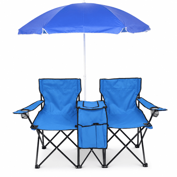 Alvantor 2-Seat Outdoor Folding Chair with Removable Sun Umbrella, Blue