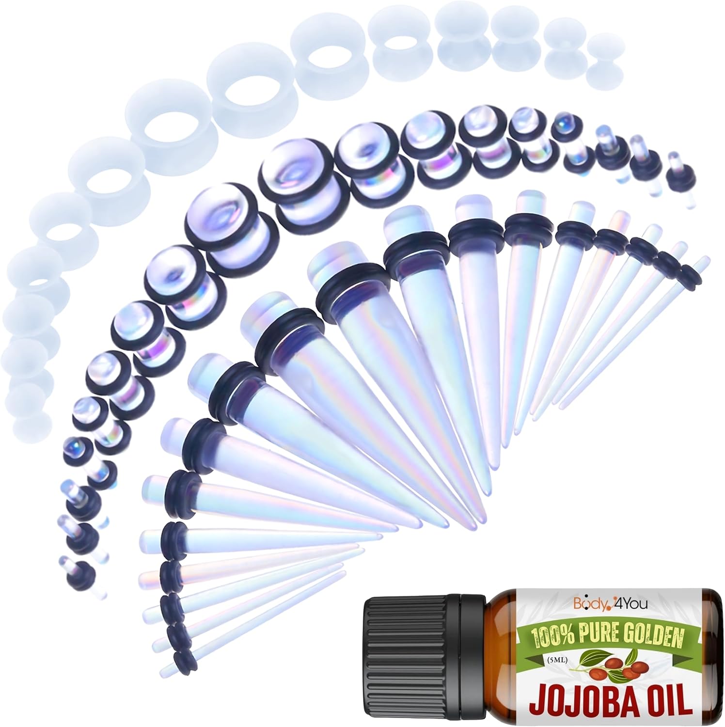 BodyJ4You 54PC Ear Gauge Stretching Kit - Gauges Ears 14G-12mm Starter Set - Jojoba Oil - Transparent Aurora Acrylic Tapers Plugs Silicone Tunnels - Dead Stretching Lobe Beginner Men Women Expander