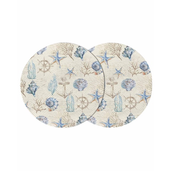 Nautical Coastal Round 13 Inch Placemats Set of 2, Vintage Beach Coral Starfish Shell HeatResistant Non Slip Place Mats for Dining Table, Wipeable Braided Kitchen Table Mats for Housewarming