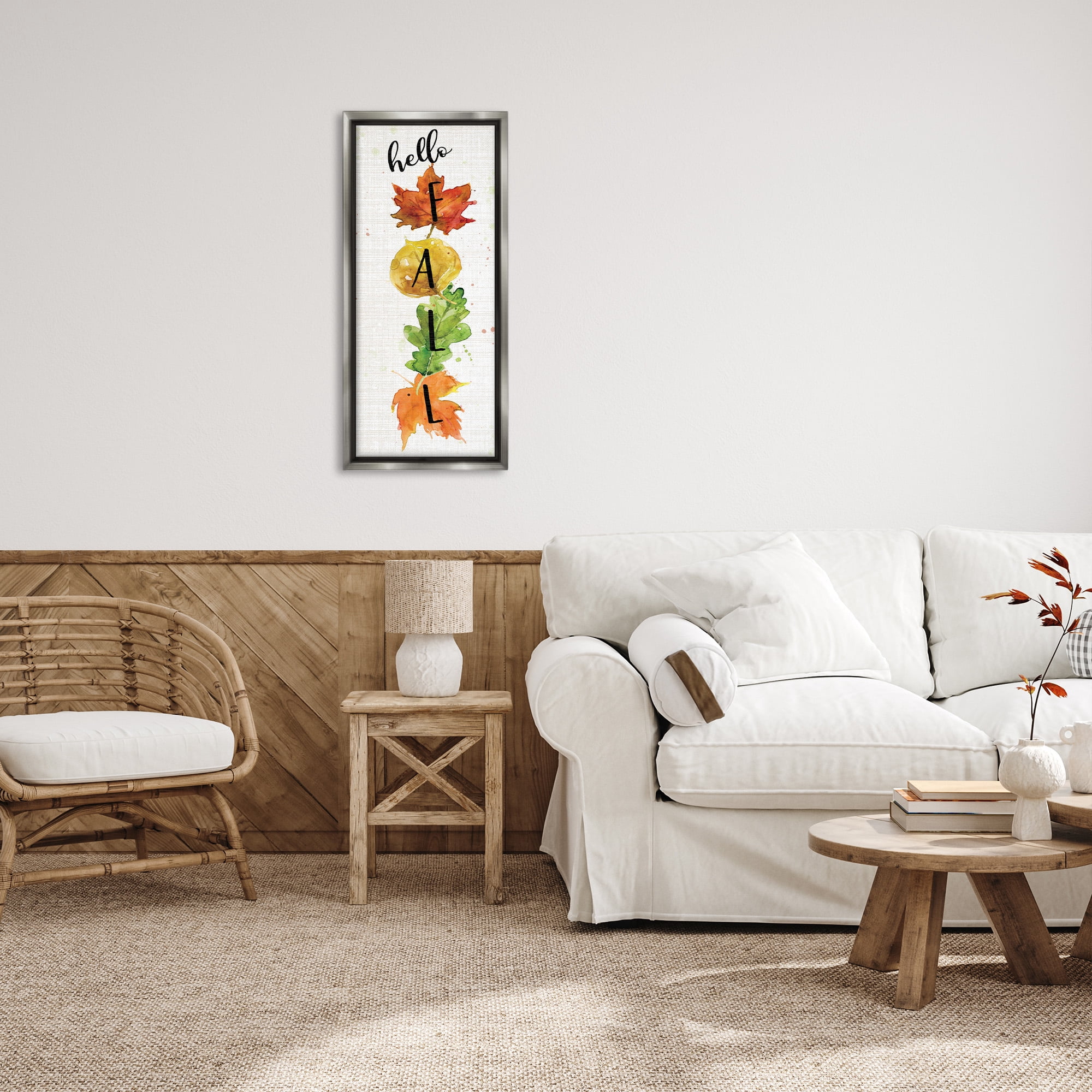 Stupell Industries Hello Fall Autumn Greeting Botanical & Floral Painting Gray Floater Framed Canvas Art Print Wall Art, 15 x 31