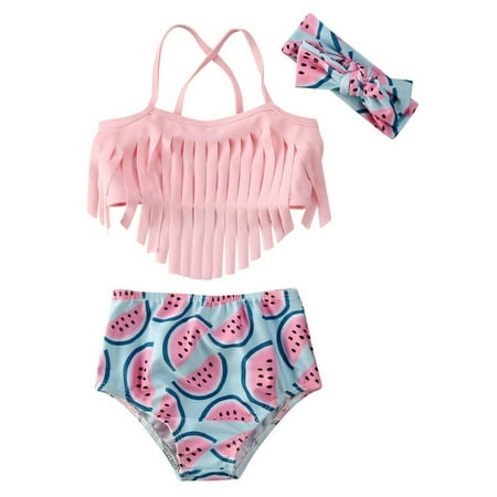 

Canrulo Toddler Baby Girls 3 Pieces Bikini Sets Tassel Sling Tops Shorts Headband Pink 0-6 Months
