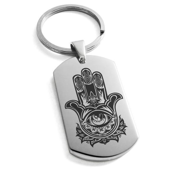 Stainless Steel Floral Hamsa Hand of Fatima Engraved Dog Tag Keychain Keyring