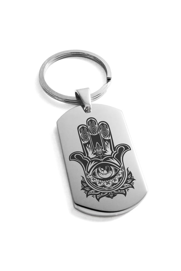 Stainless Steel Floral Hamsa Hand of Fatima Engraved Dog Tag Keychain Keyring