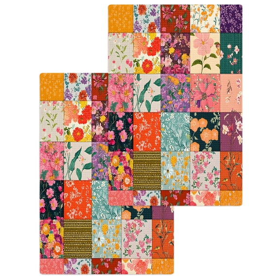 Spring Floral Kitchen Dish Towels for Drying Dishes Set of 2, Colorful Summer Botanical Vintage Plaid Waffle Weave Microfiber Hand Tea Bathroom Towels Quick Dry & Absorbent Towel 15.7x23.6