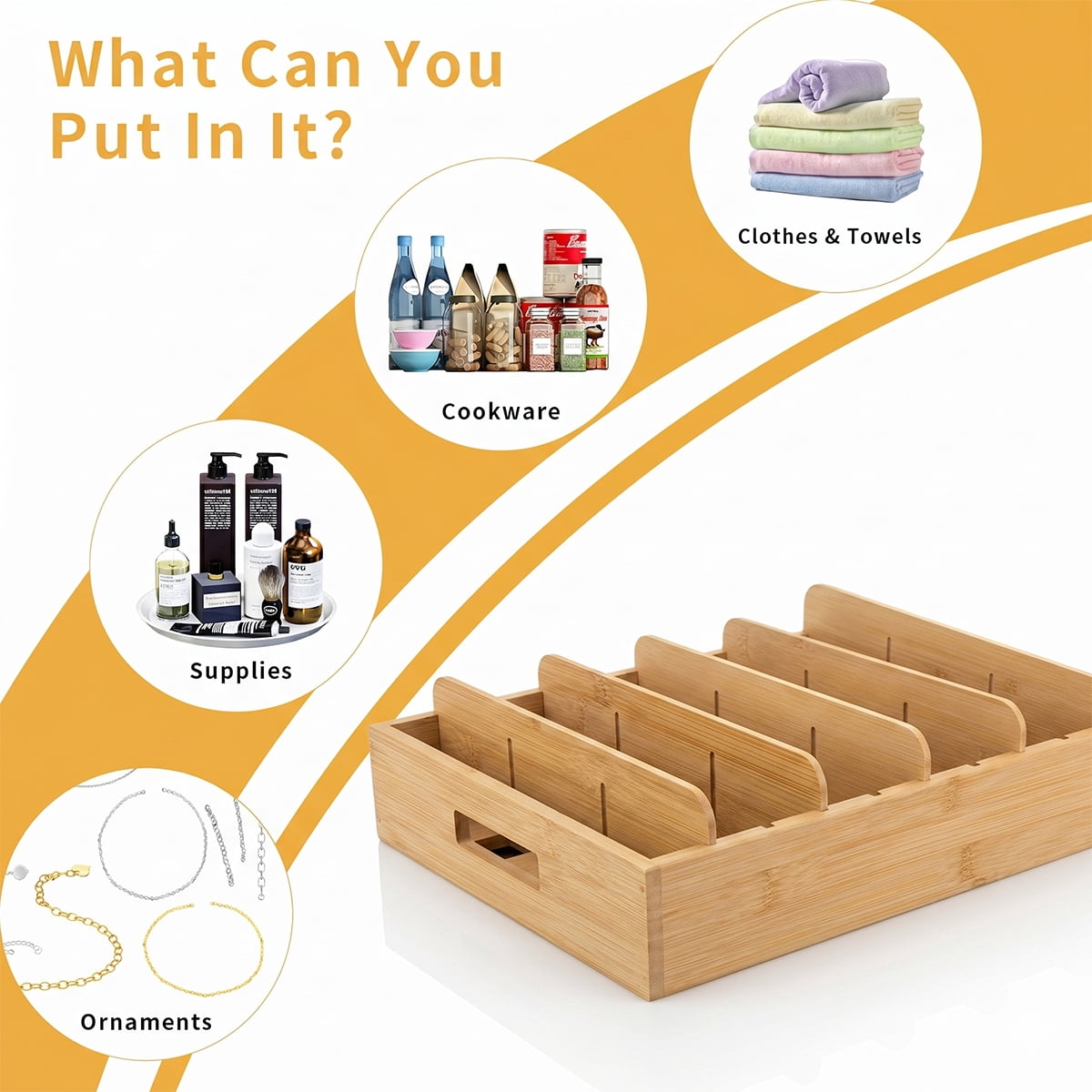 Kitchen Cabinet Organizer for Food Storage Container Lids with Adjustable Dividers Bamboo Drawer Caddy Box for Kitchen Storage And Organization