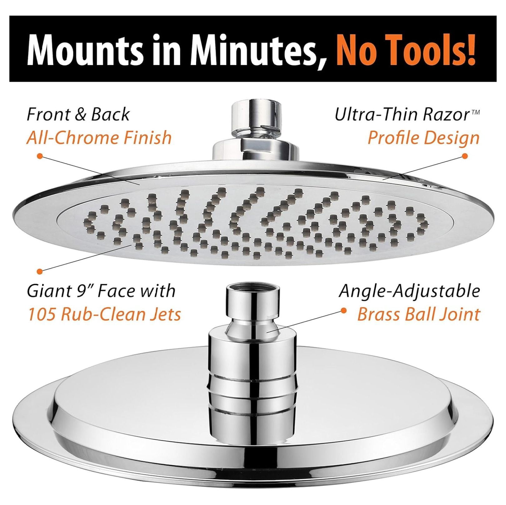 9-inch Rain Shower Head with 11-inch Brass Extension Arm - Adjustable Rainfall Shower System, High Pressure, Spa Experience