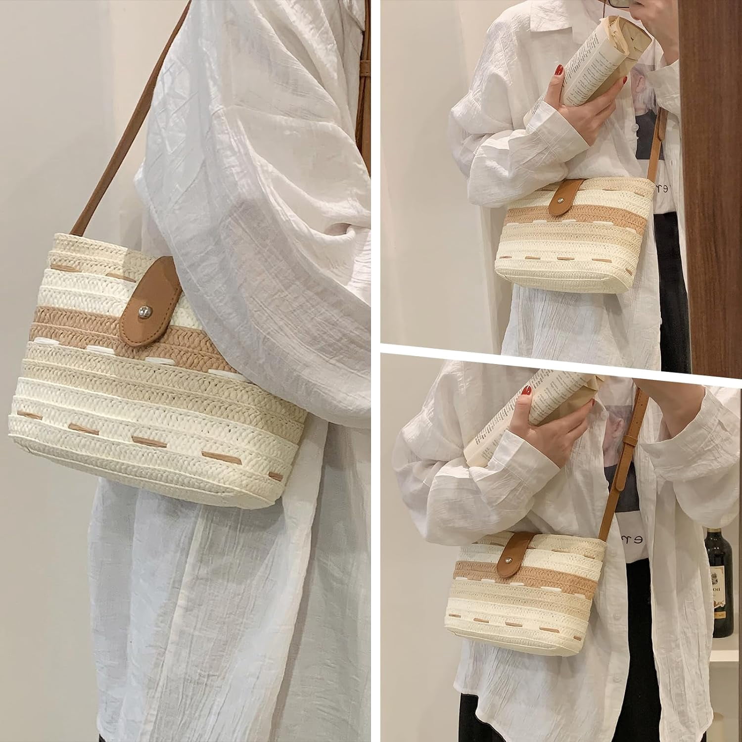 LinYooLi Female Cotton Blend Geometric Crossbody Handbags, Beige