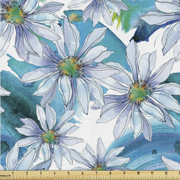 Ambesonne Chamomile Fabric by the Yard Upholstery, Art Modern Flowers Boho, 1 Yard, Sea Blue Soft Blue White