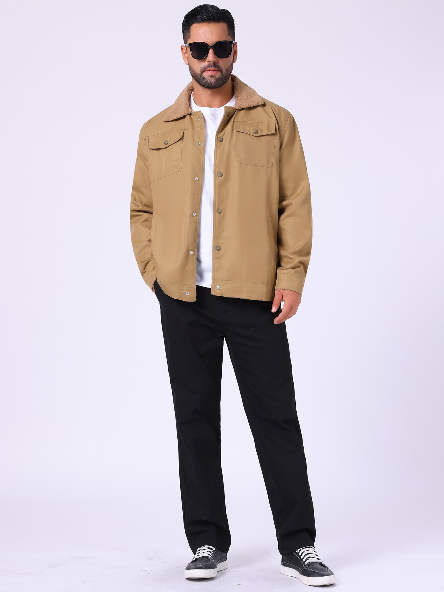 DARING DIVA Collared Button Front Fleece Lining Cargo Trucker Jacket M Dark Khaki
