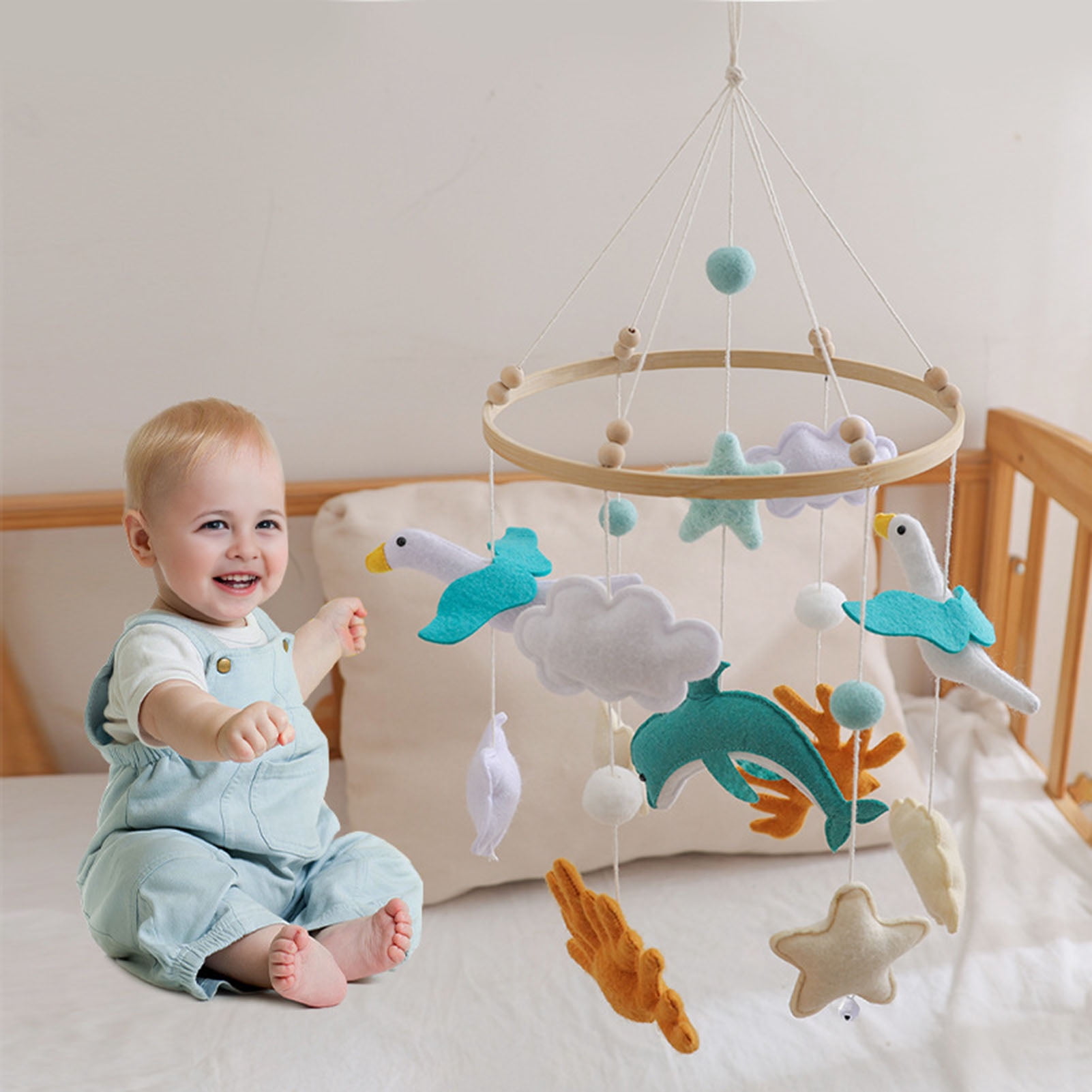 YIFAEUX Seagull Baby Crib Mobile Ocean-Themed Handmade Felt Hanging Decor Soft Stroller Hanging Toy for Newborns