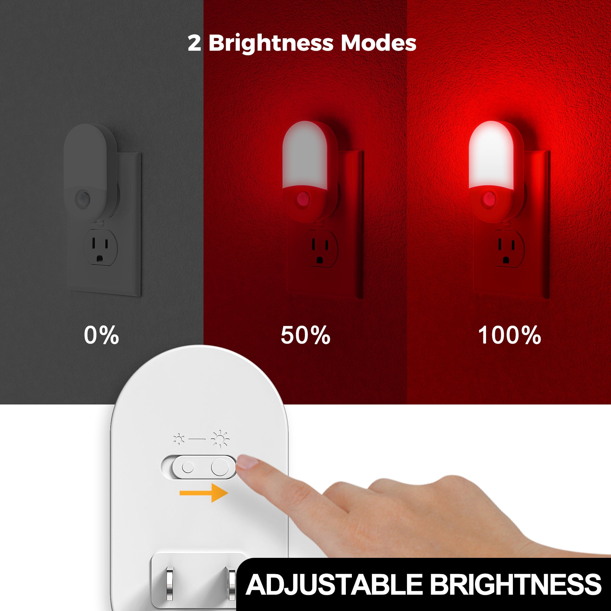 LED Red Motion Sensor Night Light Plug-In, Dual-Level Dimming Red Light for Kids, Hallway, Holiday or Christmas Décor (2-Pack)