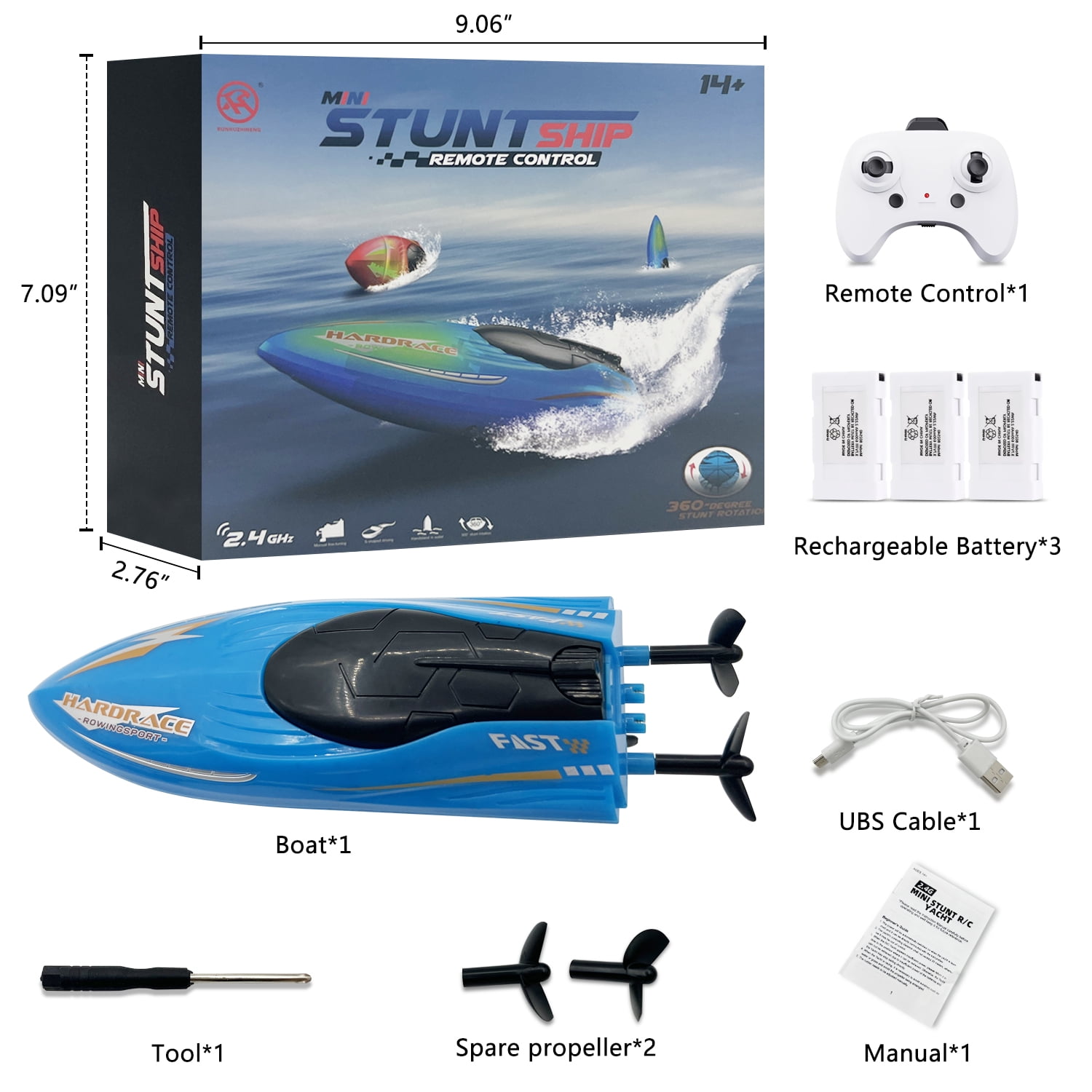 Syenll RC Boat with LED Light, Remote Control Boat for Pools, 3 Rechargeable Battery, Water Pool Toys for Boys Girls, Blue
