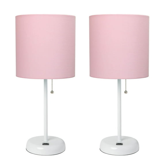 LimeLights Lampe Décorative pour la Maison avec Port de Charge USB, Abat-Jour en Tissu Rose Clair et Base Blanche - Ensemble de 2