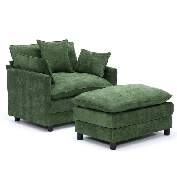 GOMYHOME Modern Chenille Accent Chair with Ottoman, Oversized Upholstered Club Chair, Green