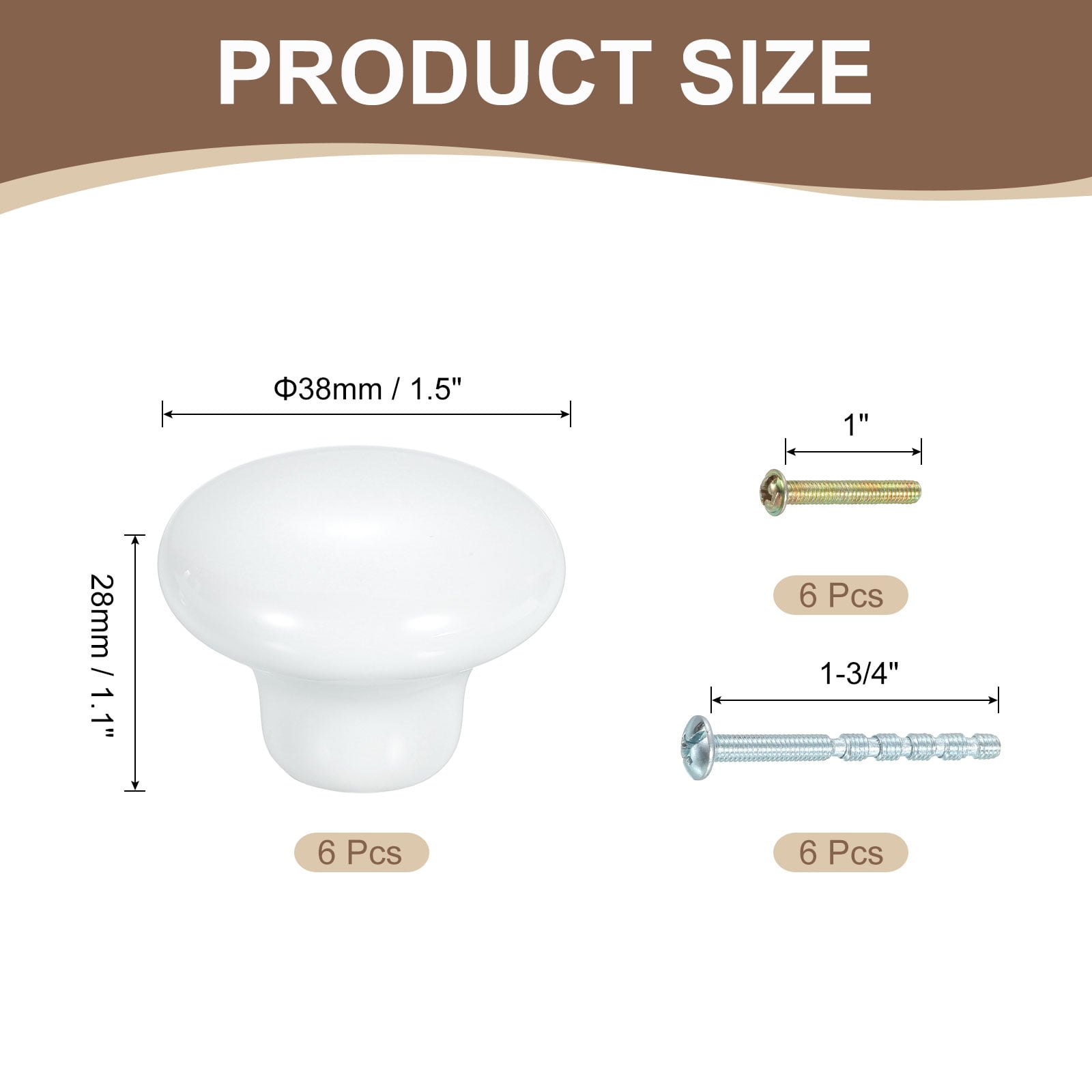 Uxcell 6 Pack Ceramic Cabinet Knobs, 38mm/1.5" Mushroom Round Shaped Drawer Knobs Dresser Knob Pulls Handle with Screws for Wardrobes Bedroom Furniture Closet Cupboard, White