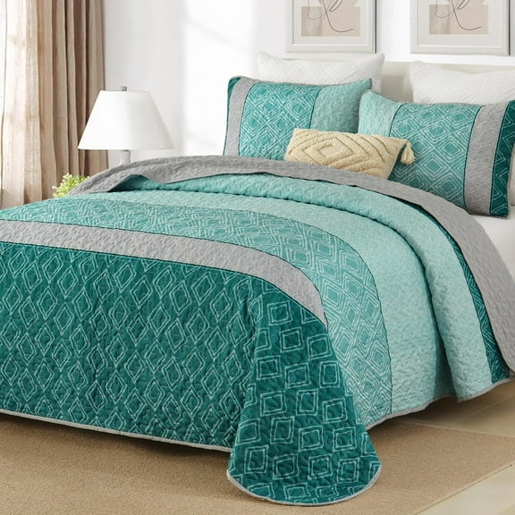 Teal Quilt Set King Size,Striped Plaid Bedspread,Blue Boho Bedding Set Soft Microfiber Quilt with 2 Pillow Shams 110"x90"