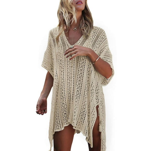 Inadays Swimsuit Cover Up for Women V Neck Loose Beach Bathing Suit Cover up Summer Swim Coverup Swimwear Crochet Dress for Beach Pool, Beige
