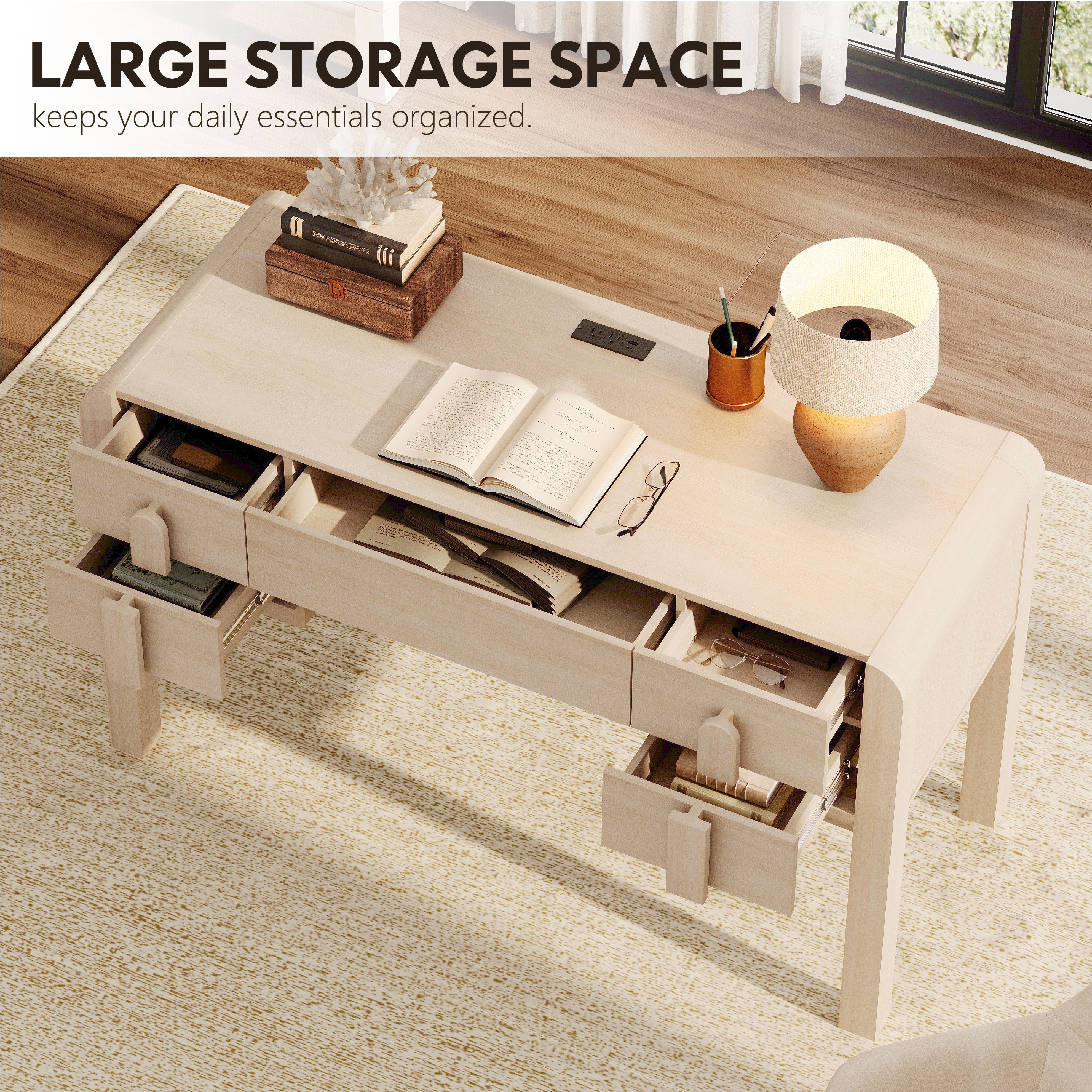 Home Office Set, 53.5" Modern Executive Desk with Charging Station and Drawers & 2 Piece 71"H Tall 3-Tier Arched Bookcases with Open Storage for Living Room, Bedroom, Home Office