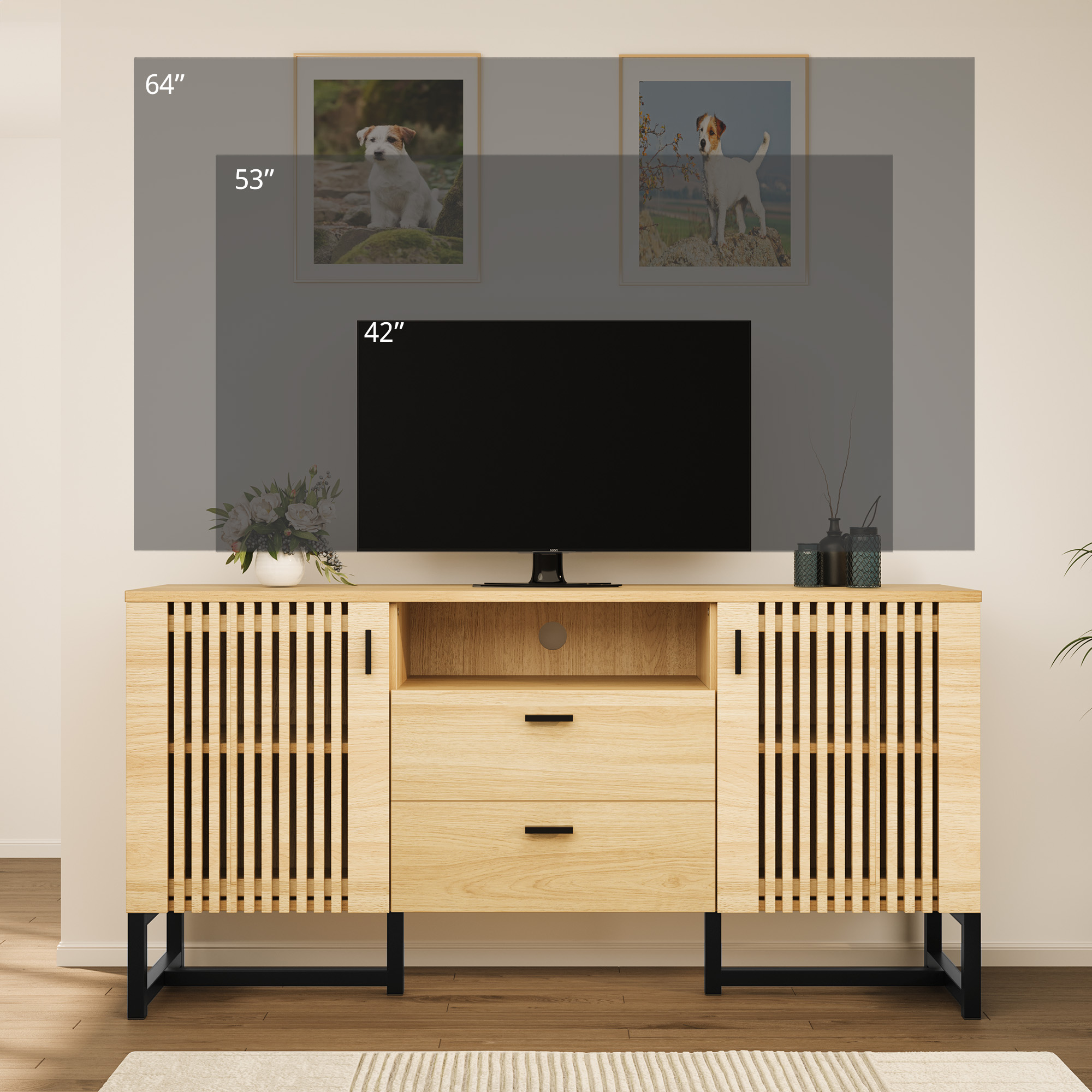 Dextrus 59'' Mid-Century Wood TV Stand Console Media Cabinet with Storage, Entertainment Center for Living Room, Bedroom