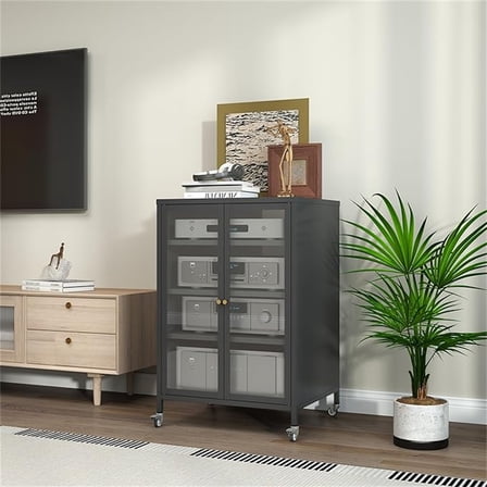 WGYPRIME 35.8"H Media Storage Cabinet with Wheels, AV Media Stand with 4 Adjustable Glass Shelves & Door, Modern Stereo Cabinet for Living Room, Bedroom