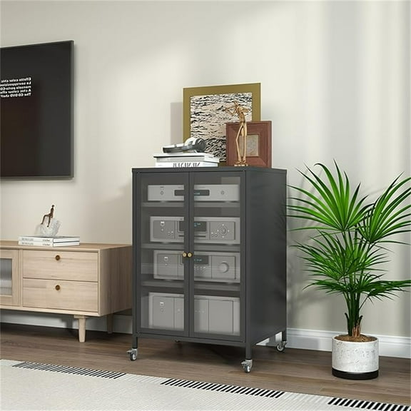 WGYPRIME 35.8"H Media Storage Cabinet with Wheels, AV Media Stand with 4 Adjustable Glass Shelves & Door, Modern Stereo Cabinet for Living Room, Bedroom