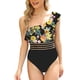 thumbnail image 1 of Traje de baño de mujer de una pieza con un hombro sin espalda, traje de baño elástico y transpirable para fiesta en la playa, negro, Floral, XL, 1 of 6