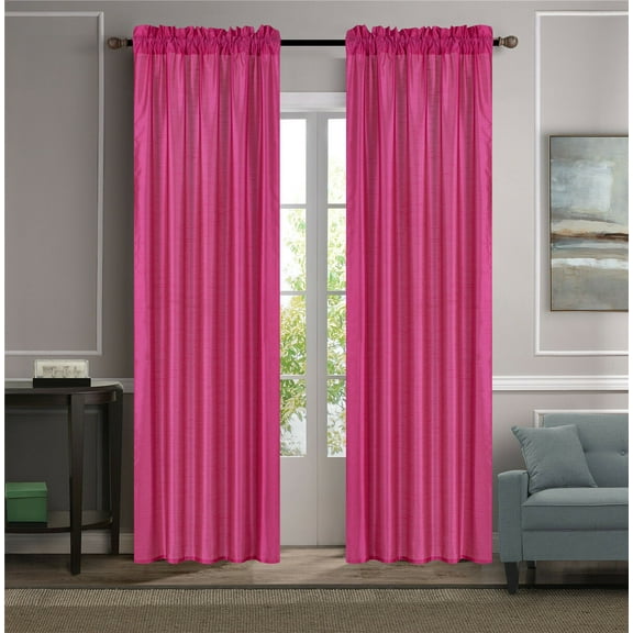 2-PC Set MR2 Hot pink color Rod Pocket Faux Silk Window Curtain Treatment, Set of Two (2) Solid Semi Sheer Panels 55" W x 84" L (Each)
