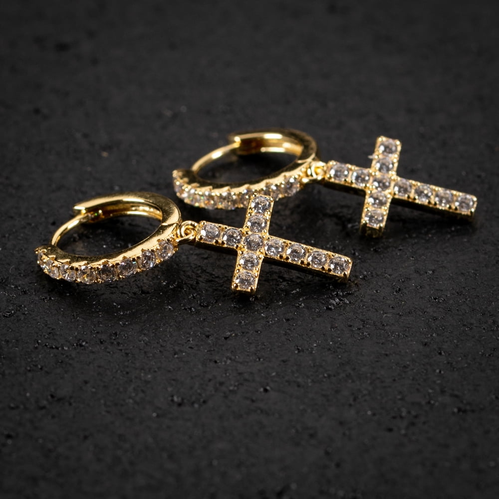 Men's Yellow Gold 925 Sterling Silver Iced Cz Dangle Hanging Cross Hoop Earrings