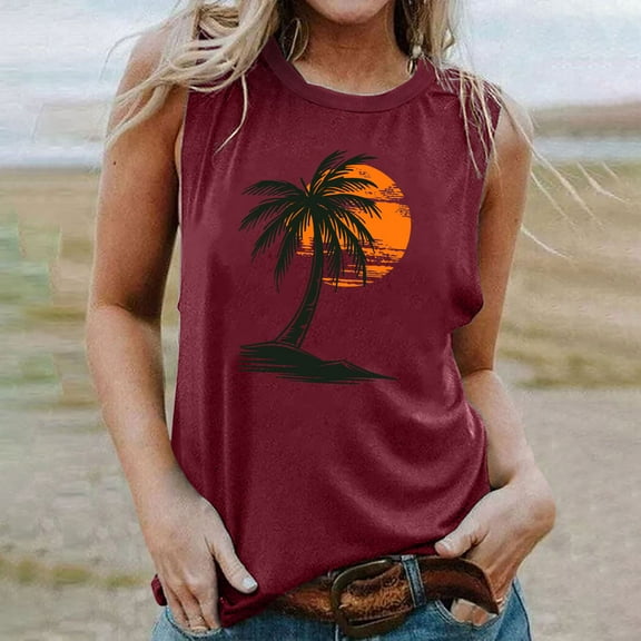 Titcea Tank Top for Women Palm Tree Printed Round Neck Sleeveless Graphic Tees Hawaiian Beach Holiday Summer Casual T Shirts