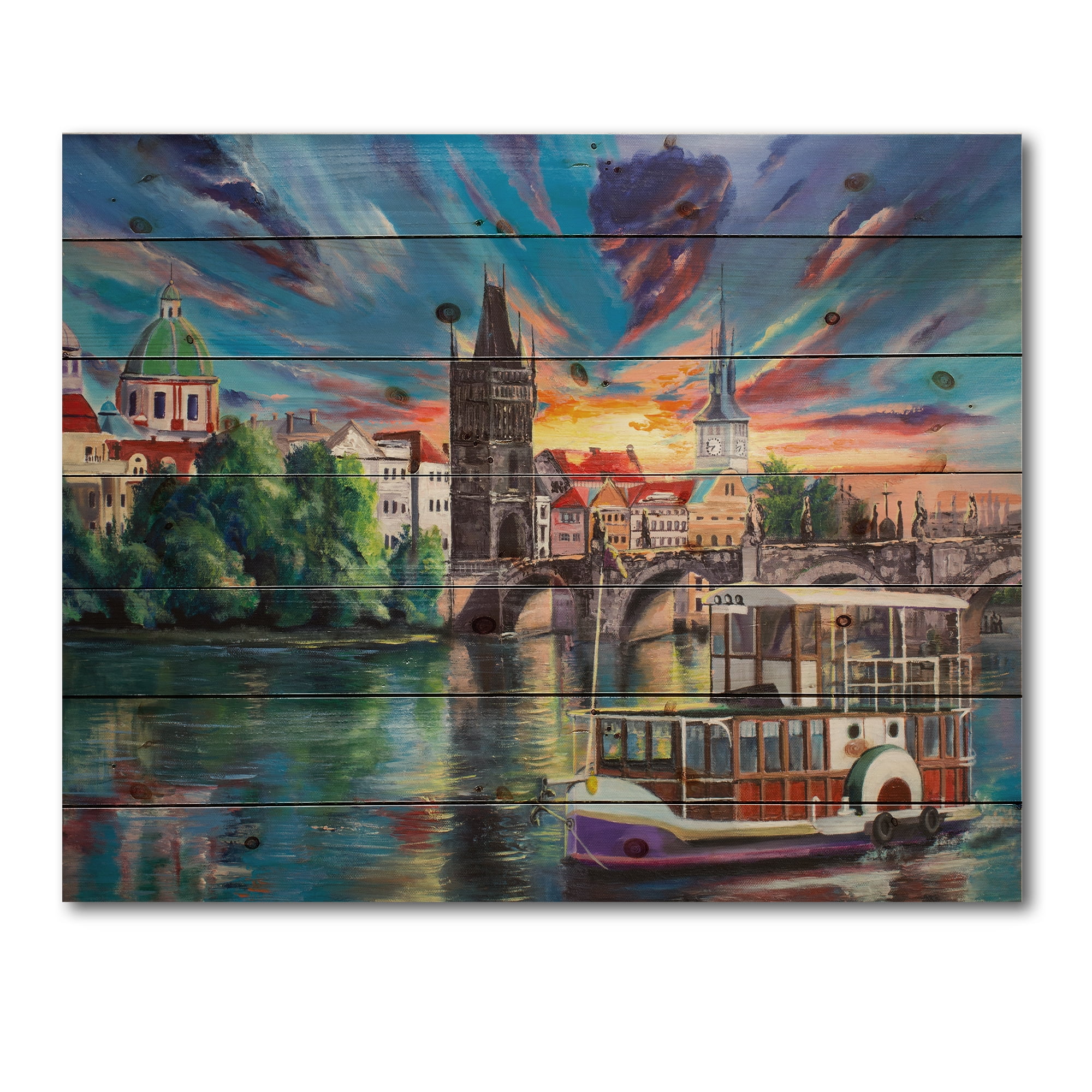 Designart 'Sunset Over Cityview Of Prague' Children's Art Print on Natural Pine Wood