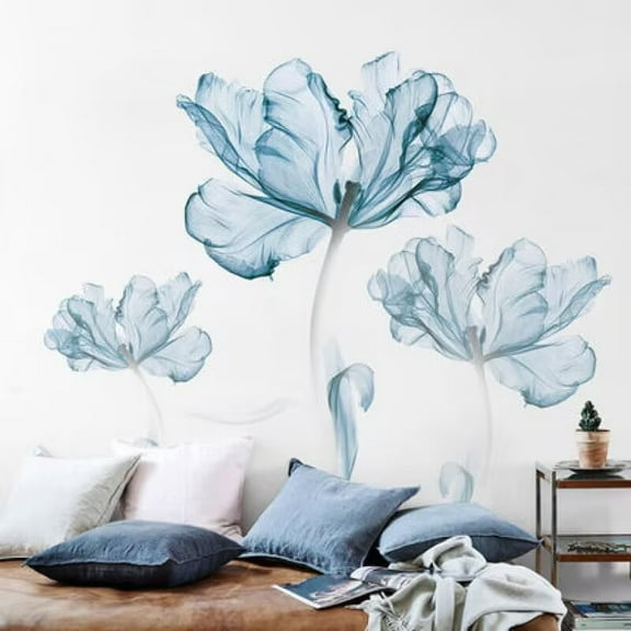 Large Blue Flower Wall Decals Poppy Floral Wall Art Stickers for Girls Bedroom Living Room Bathroom Office TV Background Decor