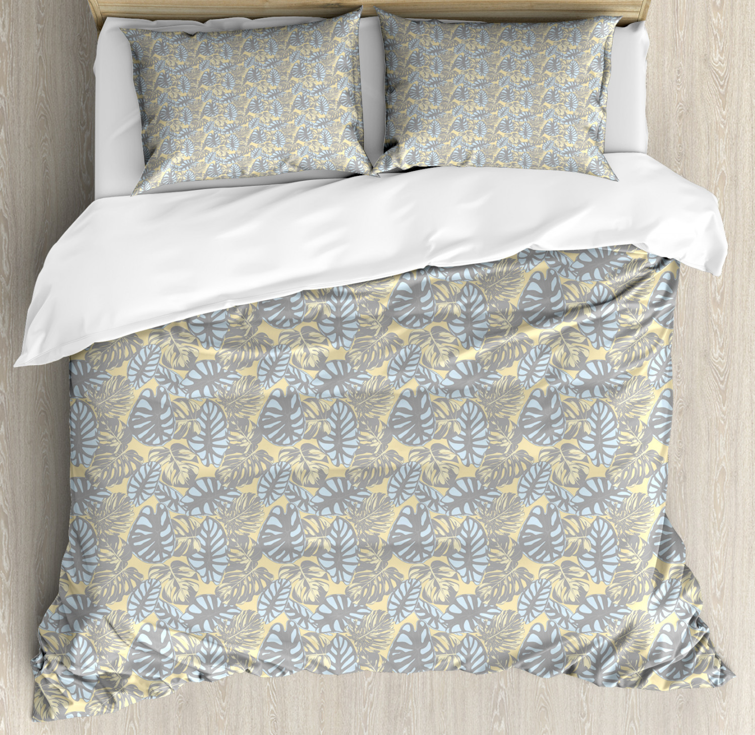Aloha Duvet Cover Set King Size Big Foliage Clutter of Plants in Watercolor Effect Soft Tones Decorative 3 Piece Bedding Set with 2 Pillow Shams Pale Yellow Pale Blue and Grey by