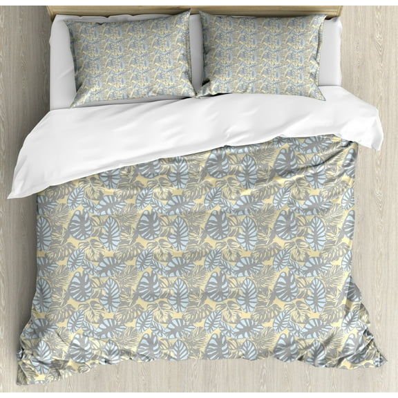Aloha Duvet Cover Set King Size, Big Foliage Clutter of Plants in Watercolor Effect Soft Tones, Decorative 3 Piece Bedding Set with 2 Pillow Shams, Pale Yellow Pale Blue and Grey, by Ambesonne
