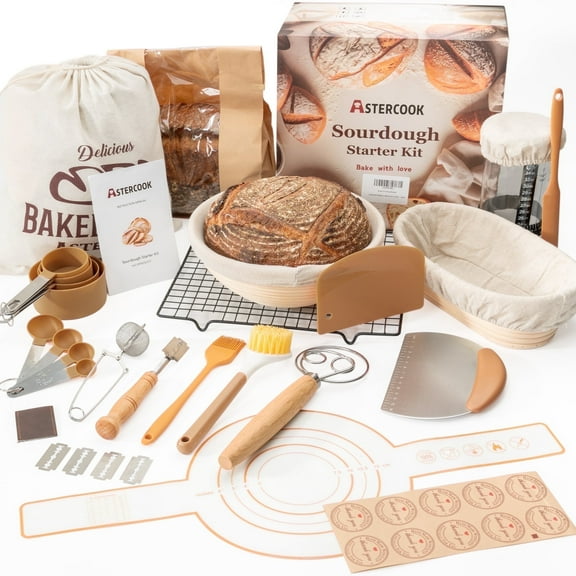 Astercook 56-Piece Sourdough Starter Kit with Round & Oval Banneton Bread Proofing Baskets, Sourdough Bread Baking Supplies for Bakers, Bread Making Kit Ideal for Bread Making, Proofing & Baking